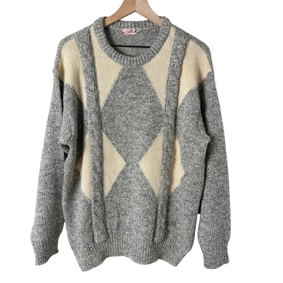 Vintage Silvy Tricot Italian Wool Chunky Knit Crewneck Sweater in Gray Cream, XL - Picture 1 of 9